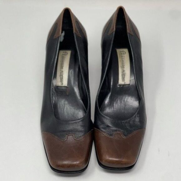 Etienne Aigner Gaze leather heels 7.5M BoxN  color block black brown square toe - Picture 5 of 8